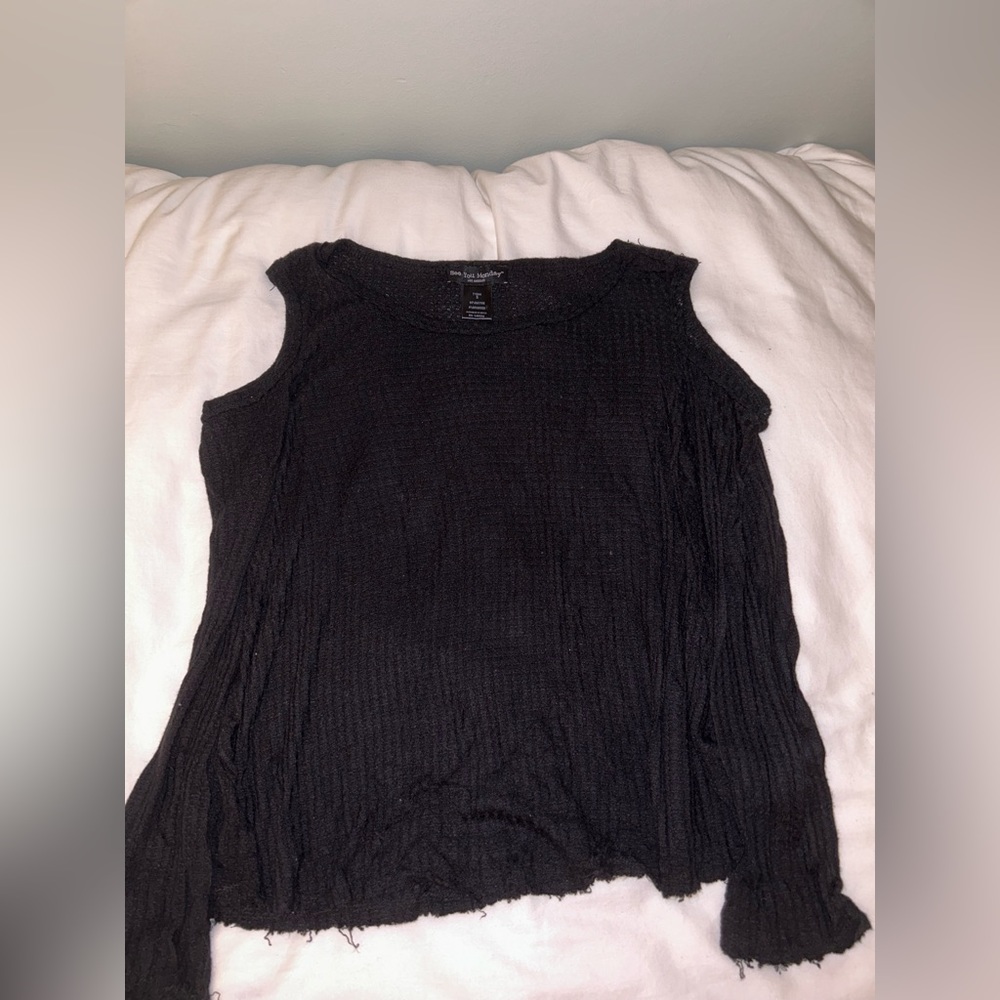 See You Monday Long Sleeve Cold Shoulder Waffle Shirt